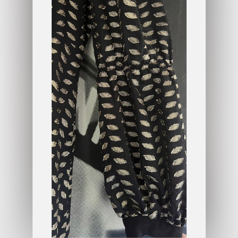Zara Puff Long Lantern Sleeve Gold Leaf On Black Maxi Dress XS - Picture 15 of 16